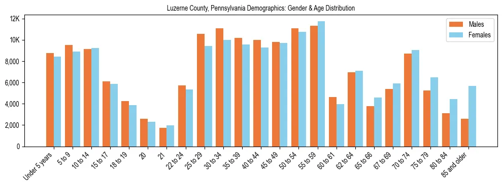 Bar chart showing the population distribution of Luzerne County, Pennsylvania by age group and gender, based on 2023 ACS data.
