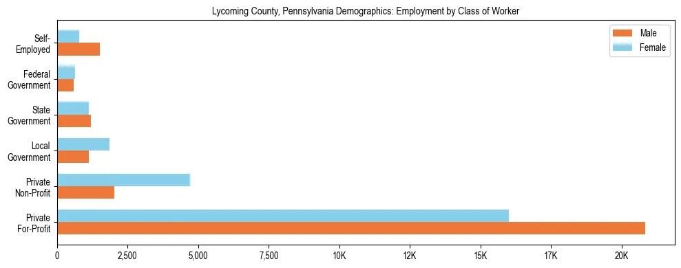 Horizontal bar chart showing employment distribution by class of worker and gender in Lycoming County, Pennsylvania, based on 2023 ACS data.