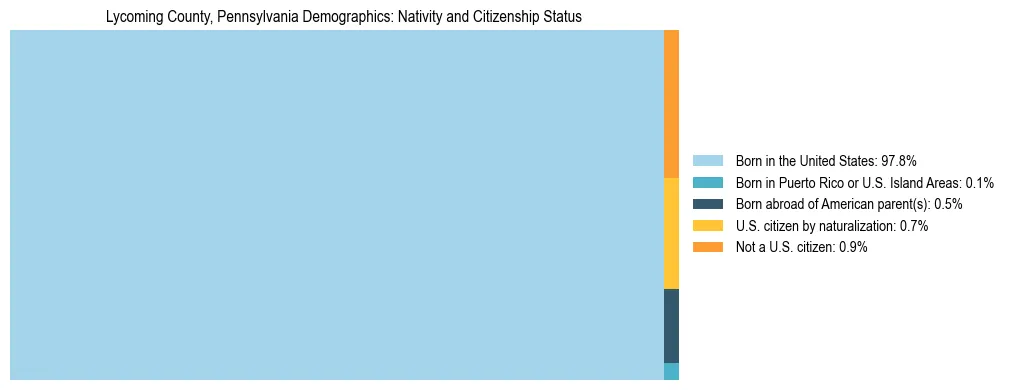 Treemap showing the population distribution by nativity and citizenship status in Lycoming County, Pennsylvania based on U.S. Census data.
