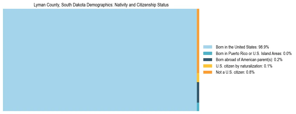 Treemap showing the population distribution by nativity and citizenship status in Lyman County, South Dakota based on U.S. Census data.
