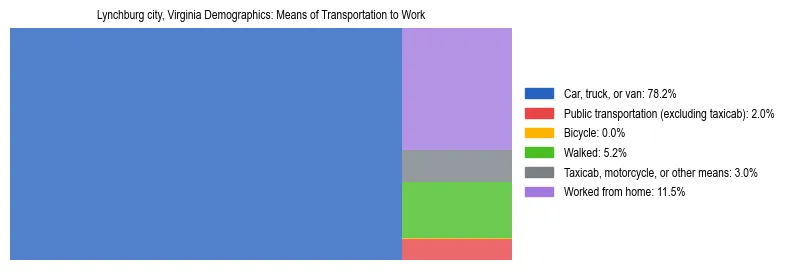 Treemap showing means of transportation to work distribution in Lynchburg city, Virginia.