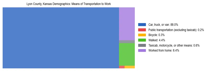 Treemap showing means of transportation to work distribution in Lyon County, Kansas.