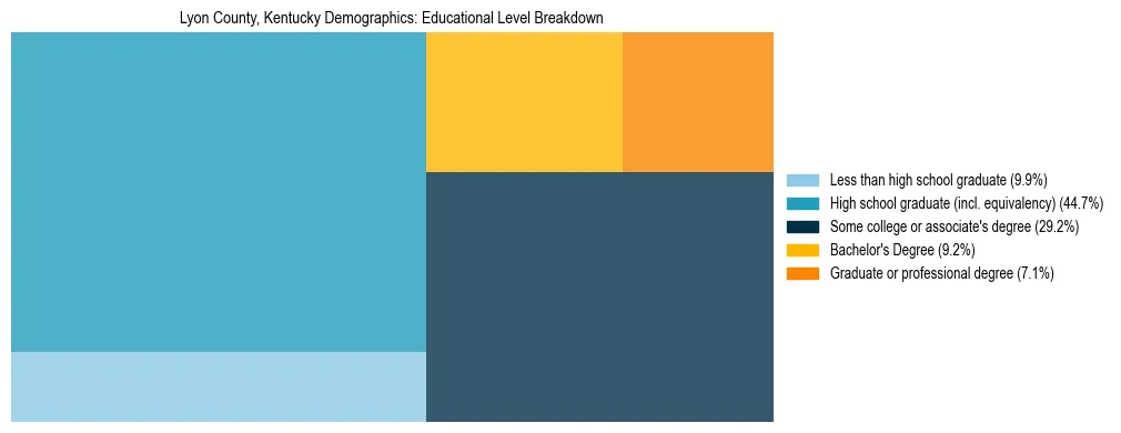 Treemap chart illustrating the educational attainment breakdown for population 25 years and over in Lyon County, Kentucky.