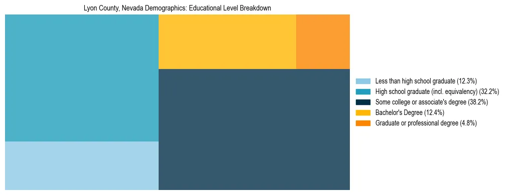 Treemap chart illustrating the educational attainment breakdown for population 25 years and over in Lyon County, Nevada.