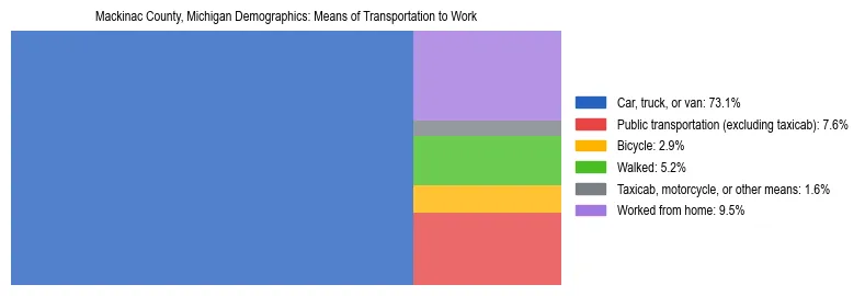 Treemap showing means of transportation to work distribution in Mackinac County, Michigan.