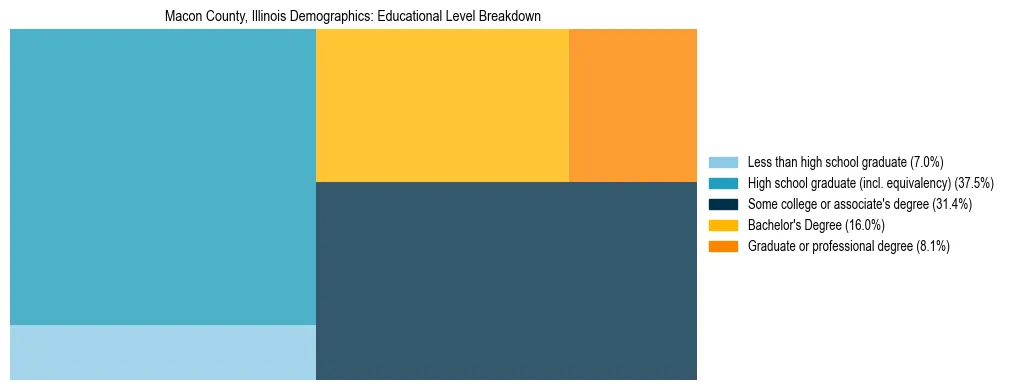 Treemap chart illustrating the educational attainment breakdown for population 25 years and over in Macon County, Illinois.