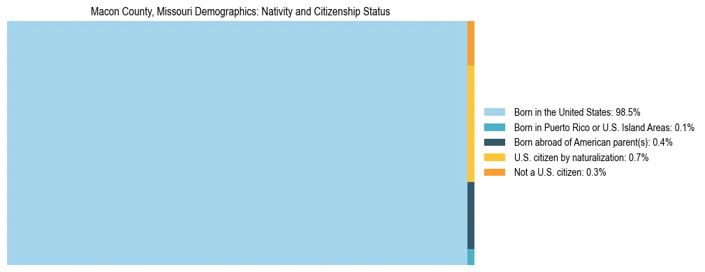 Treemap showing the population distribution by nativity and citizenship status in Macon County, Missouri based on U.S. Census data.