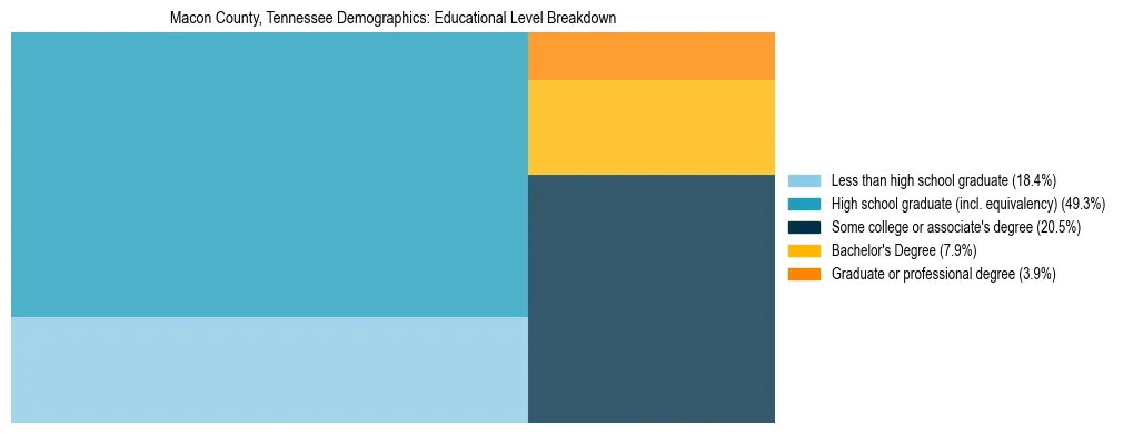 Treemap chart illustrating the educational attainment breakdown for population 25 years and over in Macon County, Tennessee.