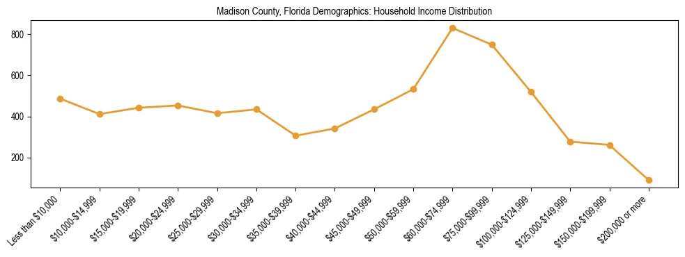 Horizontal bar chart showing household income distribution in Madison County, Florida.