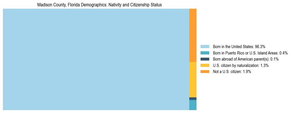 Treemap showing the population distribution by nativity and citizenship status in Madison County, Florida based on U.S. Census data.