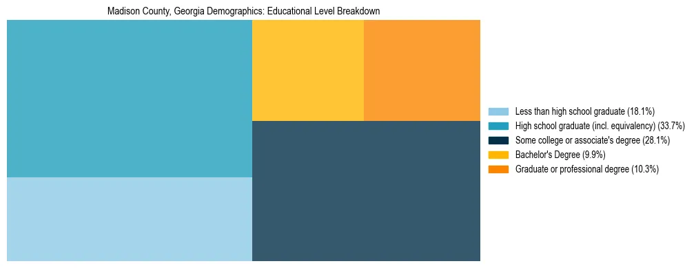 Treemap chart illustrating the educational attainment breakdown for population 25 years and over in Madison County, Georgia.