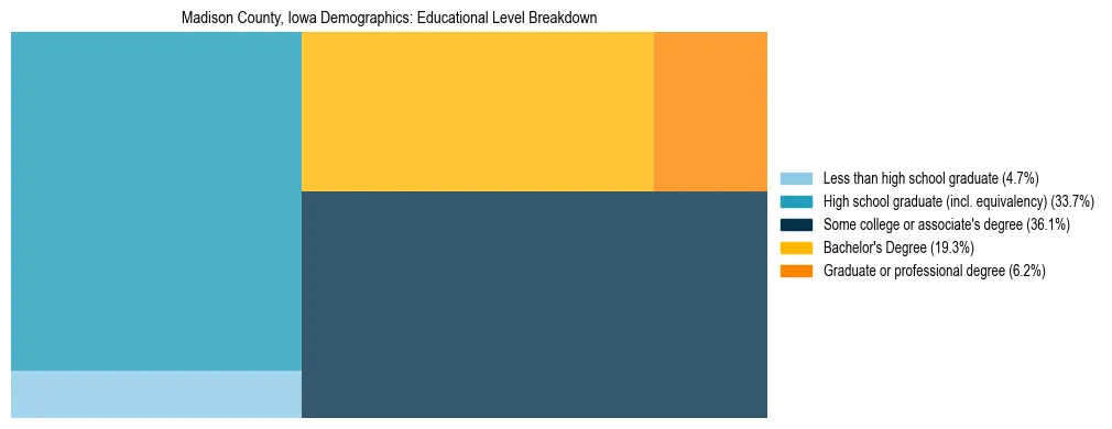 Treemap chart illustrating the educational attainment breakdown for population 25 years and over in Madison County, Iowa.