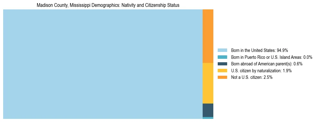 Treemap showing the population distribution by nativity and citizenship status in Madison County, Mississippi based on U.S. Census data.