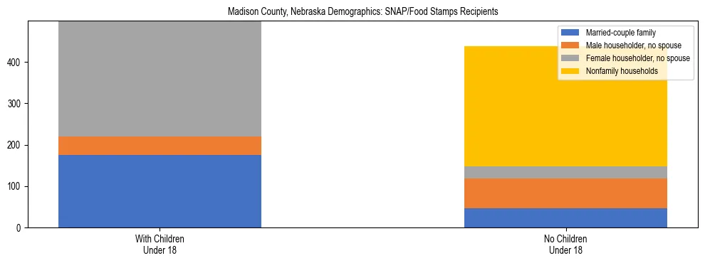 Stacked bar chart showing SNAP/Food Stamps recipient household composition by presence of children under 18 in Madison County, Nebraska, based on 2023 ACS data.