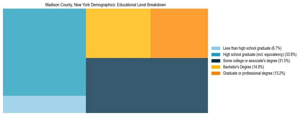 Treemap chart illustrating the educational attainment breakdown for population 25 years and over in Madison County, New York.