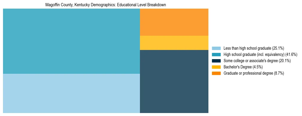 Treemap chart illustrating the educational attainment breakdown for population 25 years and over in Magoffin County, Kentucky.