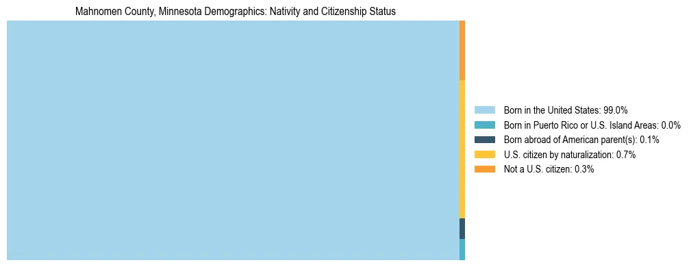 Treemap showing the population distribution by nativity and citizenship status in Mahnomen County, Minnesota based on U.S. Census data.