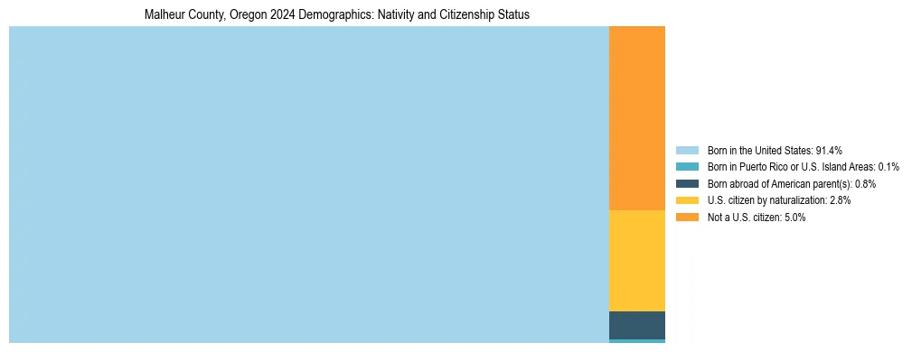 Treemap showing the population distribution by nativity and citizenship status in Malheur County, Oregon based on U.S. Census data.