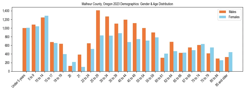 Bar chart showing the population distribution of Malheur County, Oregon by age group and gender, based on 2023 ACS data.