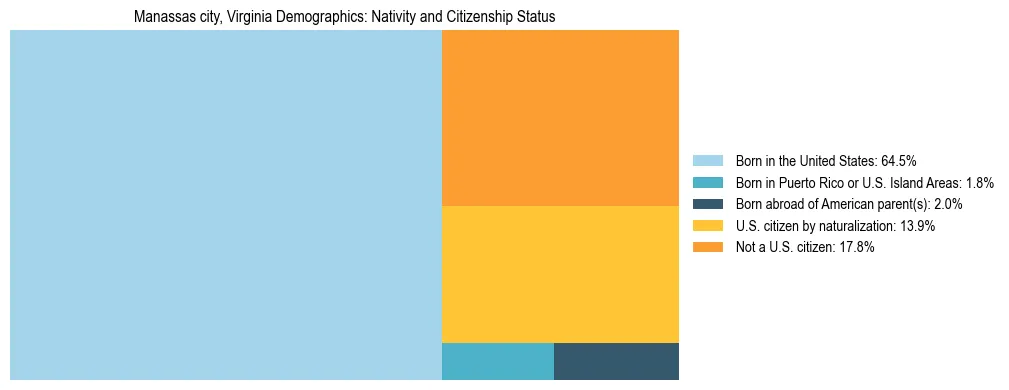 Treemap showing the population distribution by nativity and citizenship status in Manassas city, Virginia based on U.S. Census data.