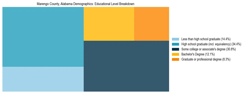 Treemap chart illustrating the educational attainment breakdown for population 25 years and over in Marengo County, Alabama.