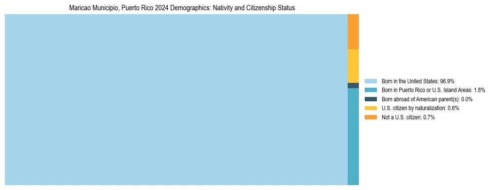 Treemap showing the population distribution by nativity and citizenship status in Maricao Municipio, Puerto Rico based on U.S. Census data.