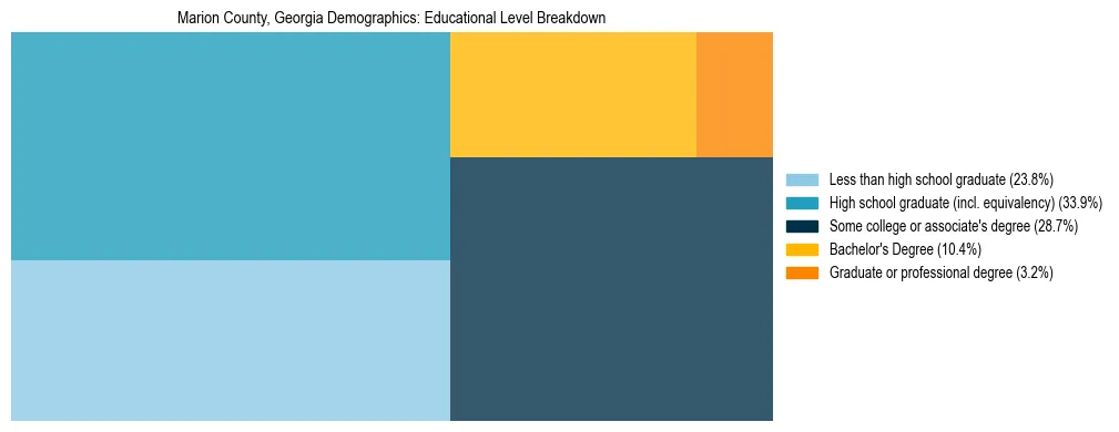 Treemap chart illustrating the educational attainment breakdown for population 25 years and over in Marion County, Georgia.