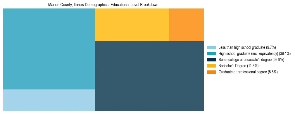 Treemap chart illustrating the educational attainment breakdown for population 25 years and over in Marion County, Illinois.