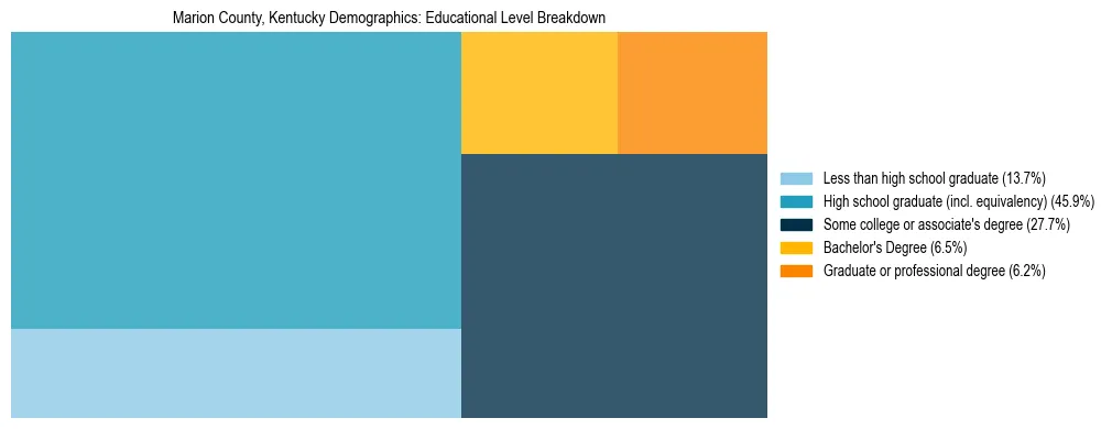 Treemap chart illustrating the educational attainment breakdown for population 25 years and over in Marion County, Kentucky.