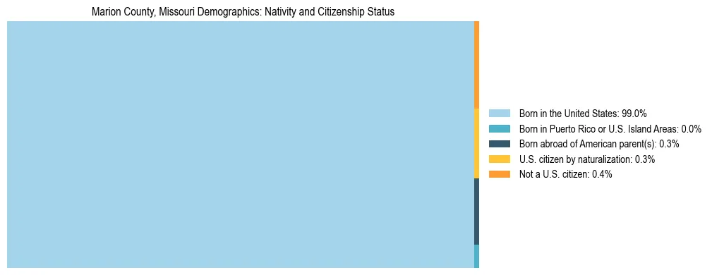 Treemap showing the population distribution by nativity and citizenship status in Marion County, Missouri based on U.S. Census data.