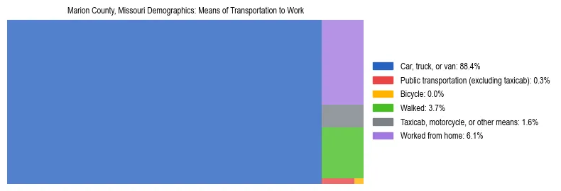 Treemap showing means of transportation to work distribution in Marion County, Missouri.