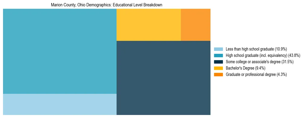 Treemap chart illustrating the educational attainment breakdown for population 25 years and over in Marion County, Ohio.