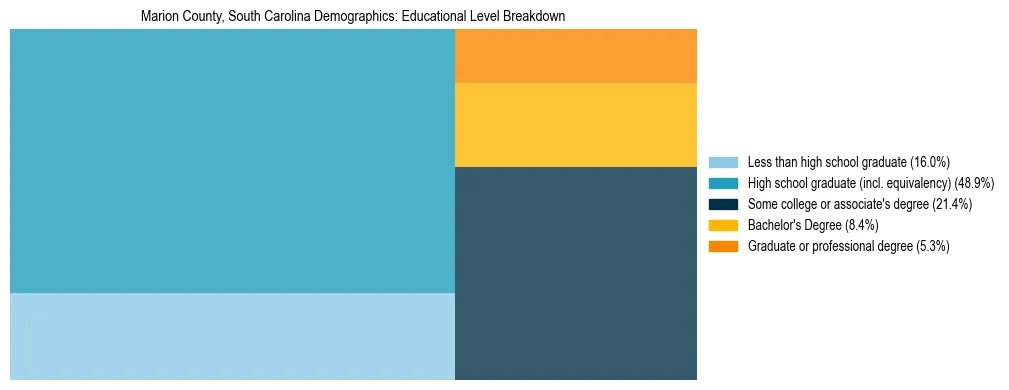 Treemap chart illustrating the educational attainment breakdown for population 25 years and over in Marion County, South Carolina.