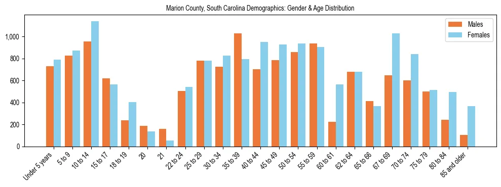 Bar chart showing the population distribution of Marion County, South Carolina by age group and gender, based on 2023 ACS data.