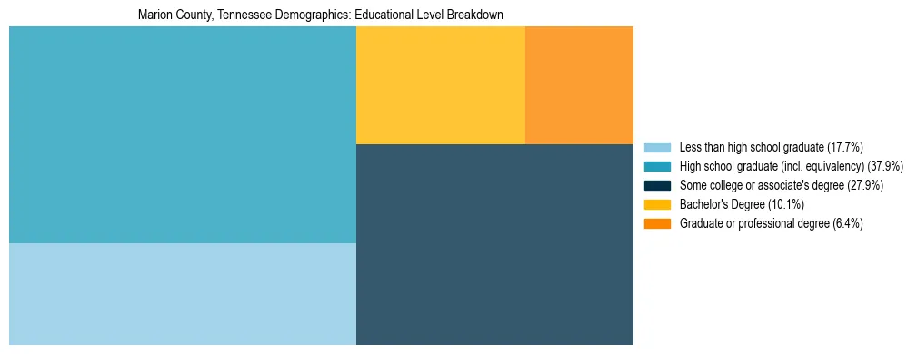 Treemap chart illustrating the educational attainment breakdown for population 25 years and over in Marion County, Tennessee.