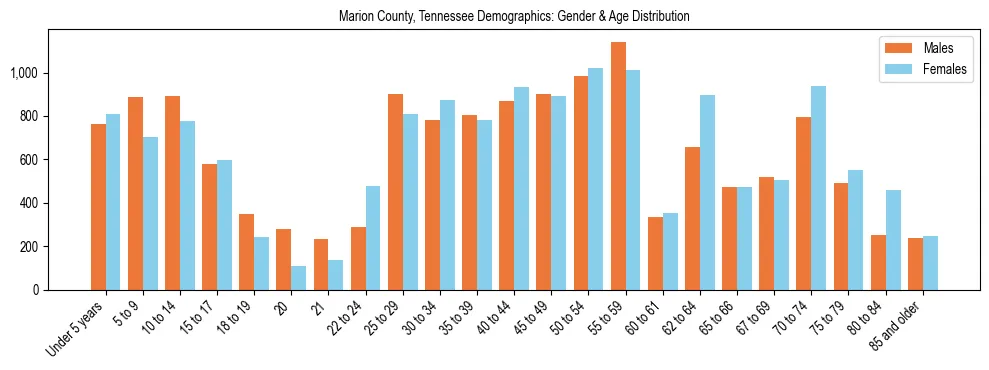 Bar chart showing the population distribution of Marion County, Tennessee by age group and gender, based on 2023 ACS data.