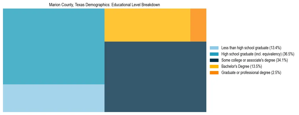 Treemap chart illustrating the educational attainment breakdown for population 25 years and over in Marion County, Texas.