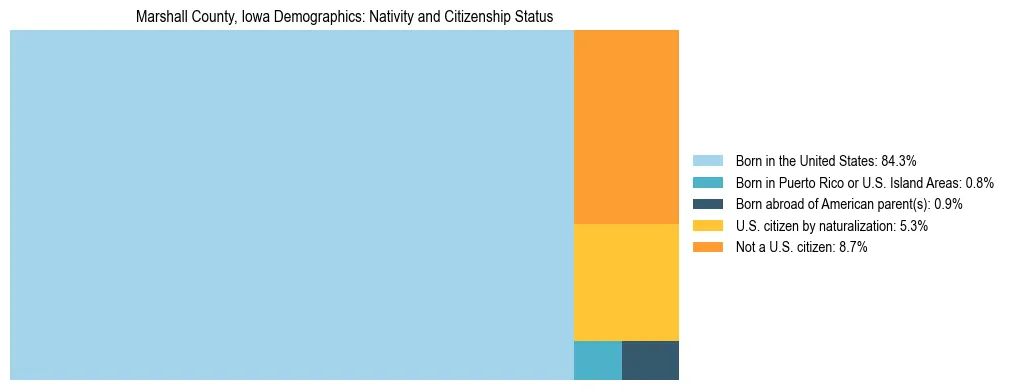 Treemap showing the population distribution by nativity and citizenship status in Marshall County, Iowa based on U.S. Census data.