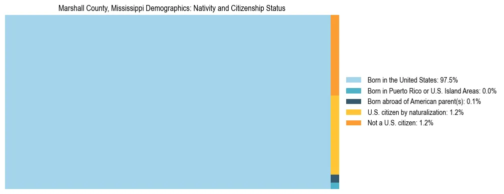 Treemap showing the population distribution by nativity and citizenship status in Marshall County, Mississippi based on U.S. Census data.