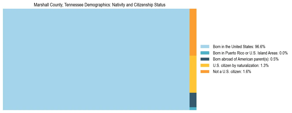 Treemap showing the population distribution by nativity and citizenship status in Marshall County, Tennessee based on U.S. Census data.