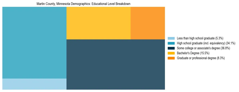 Treemap chart illustrating the educational attainment breakdown for population 25 years and over in Martin County, Minnesota.