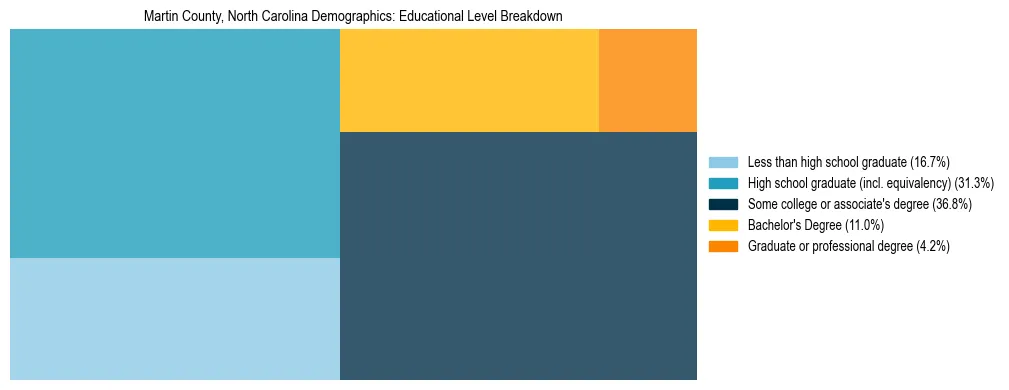 Treemap chart illustrating the educational attainment breakdown for population 25 years and over in Martin County, North Carolina.