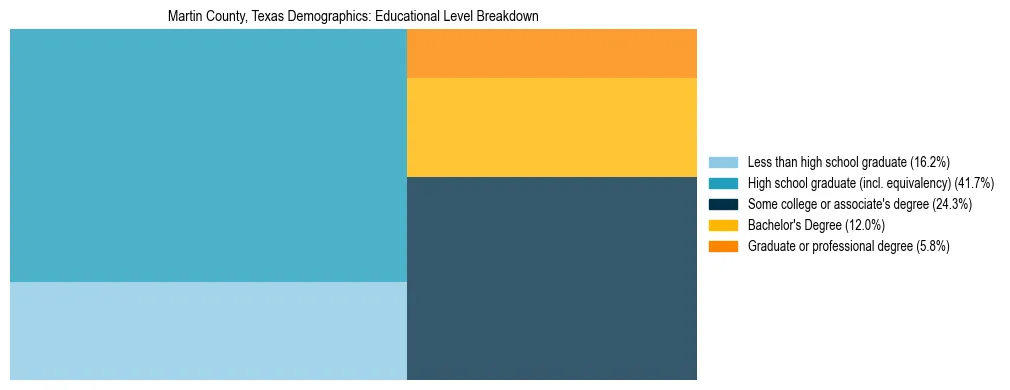 Treemap chart illustrating the educational attainment breakdown for population 25 years and over in Martin County, Texas.
