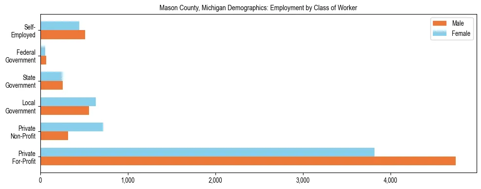 Horizontal bar chart showing employment distribution by class of worker and gender in Mason County, Michigan, based on 2023 ACS data.