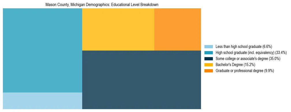 Treemap chart illustrating the educational attainment breakdown for population 25 years and over in Mason County, Michigan.