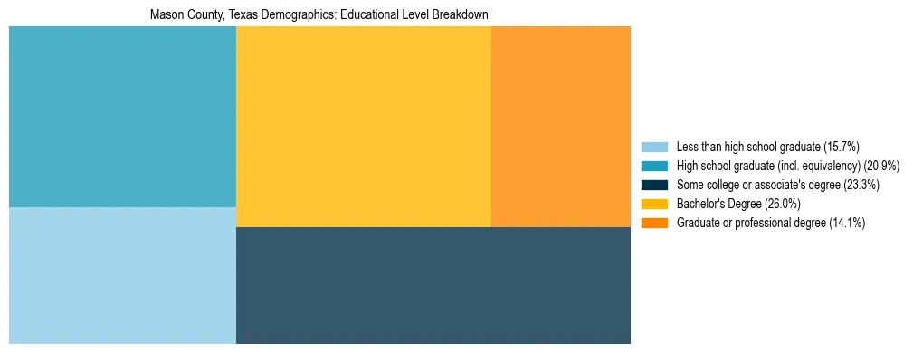 Treemap chart illustrating the educational attainment breakdown for population 25 years and over in Mason County, Texas.