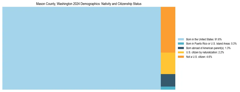 Treemap showing the population distribution by nativity and citizenship status in Mason County, Washington based on U.S. Census data.