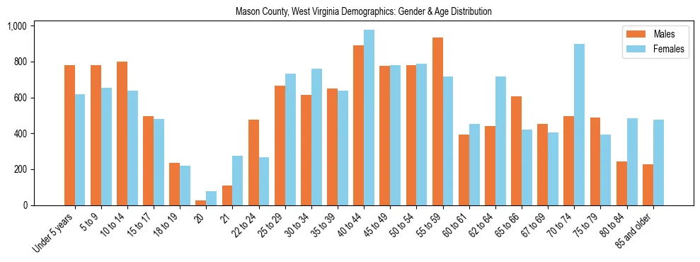 Bar chart showing the population distribution of Mason County, West Virginia by age group and gender, based on 2023 ACS data.