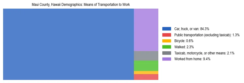 Treemap showing means of transportation to work distribution in Maui County, Hawaii.