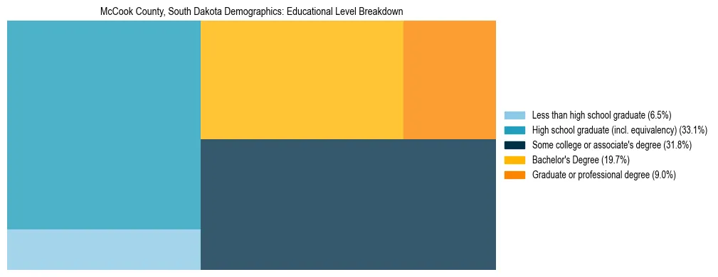 Treemap chart illustrating the educational attainment breakdown for population 25 years and over in McCook County, South Dakota.